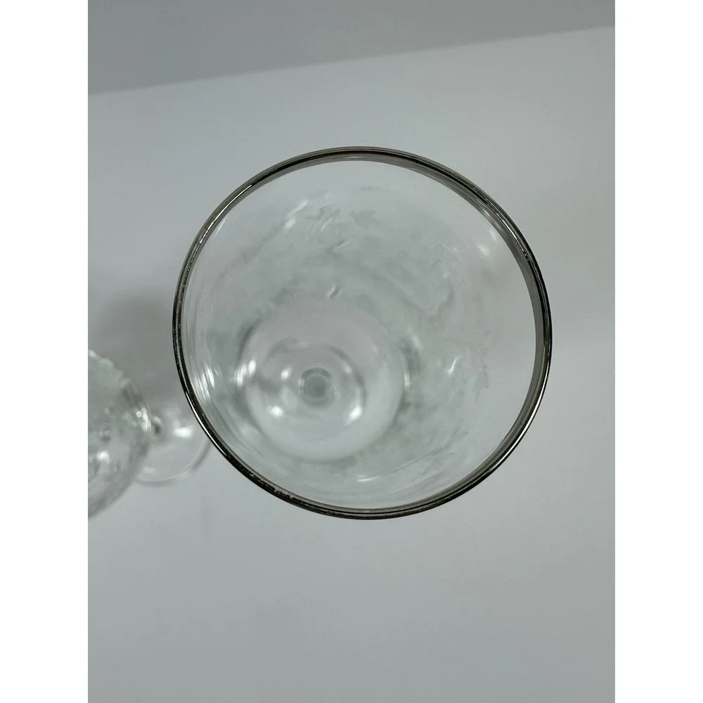 Etched Floral Champagne Glasses Platinum Silver Rim 8 1/4